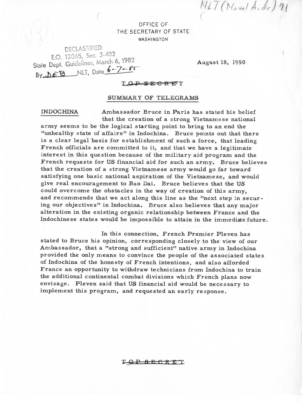 Memorandum, Department of State Summary of Telegrams