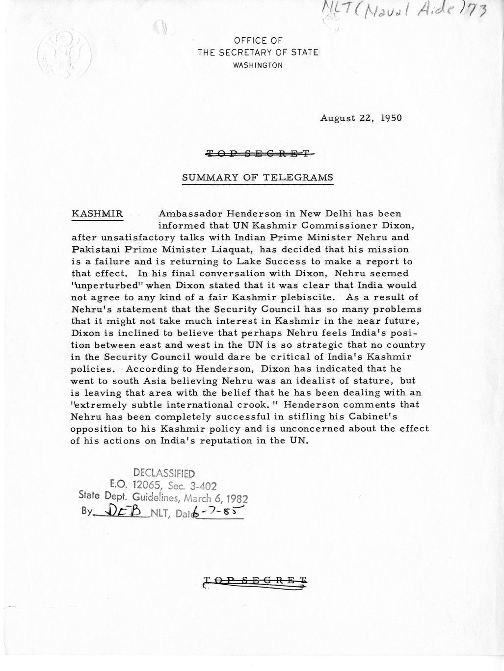 Memorandum, State Department Summary of Telegrams