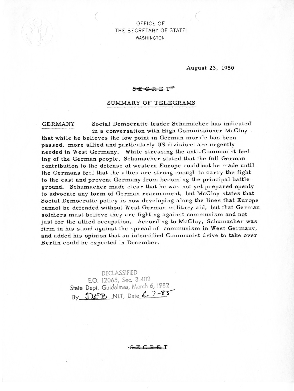 Memorandum, Department of State Summary of Telegrams