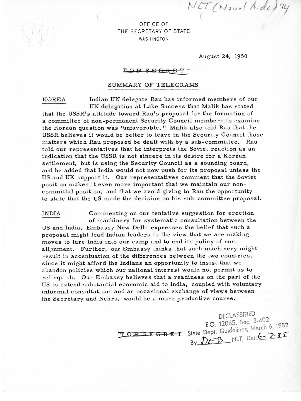 Memorandum, State Department Summary of Telegrams