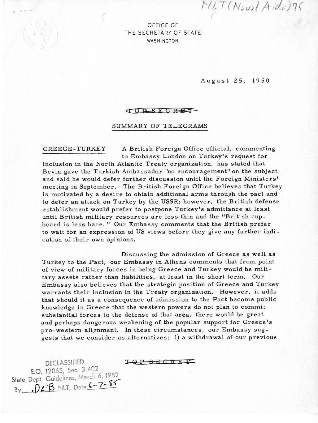 Memorandum, Department of State Summary of Telegrams