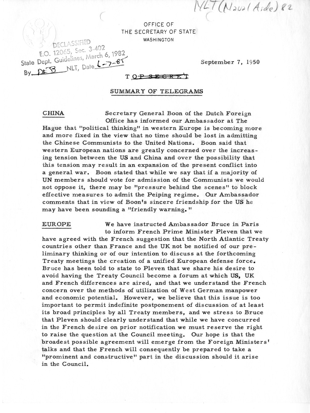 Memorandum, State Department Summary of Telegrams