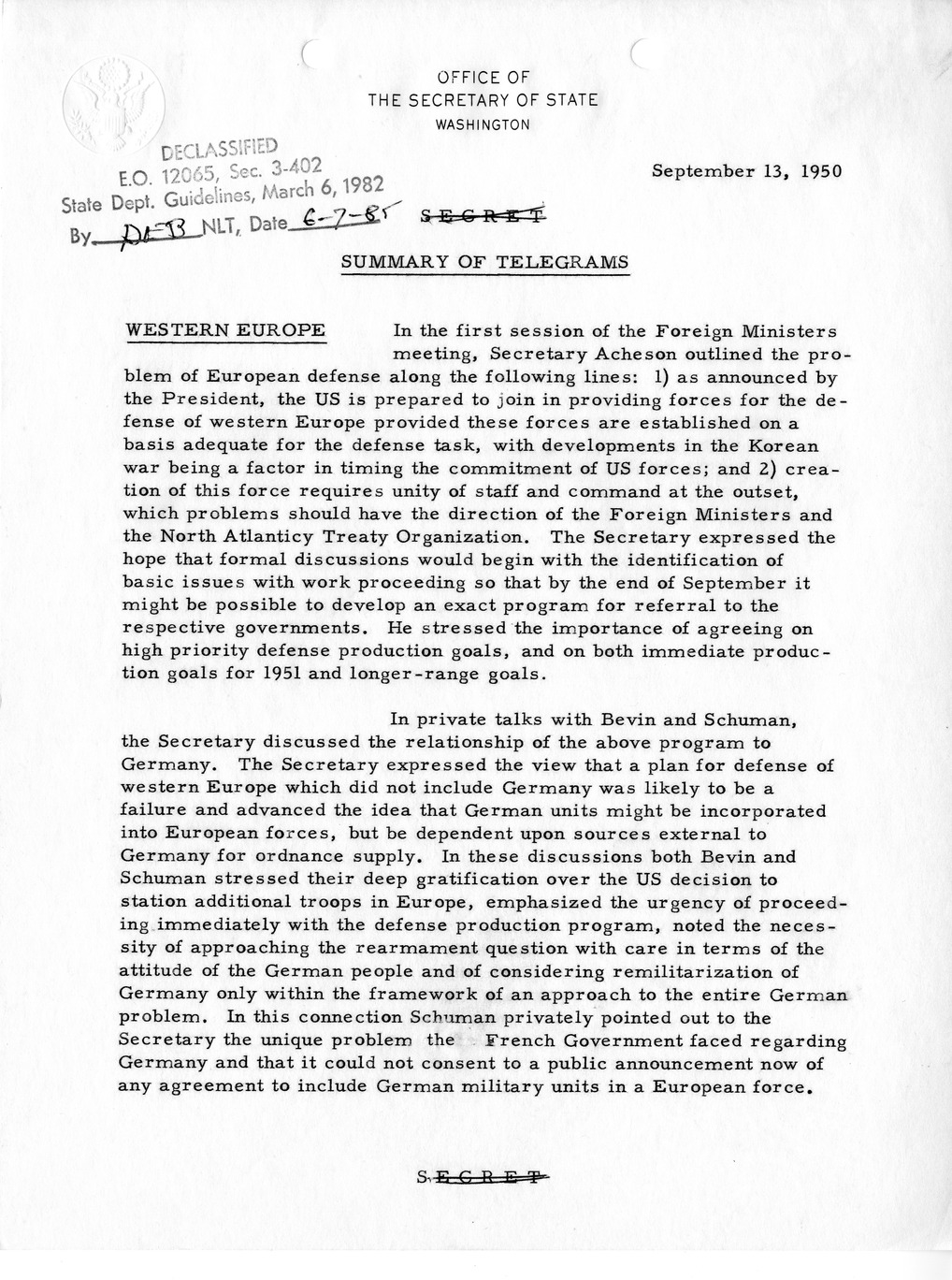 Memorandum, State Department Summary of Telegrams