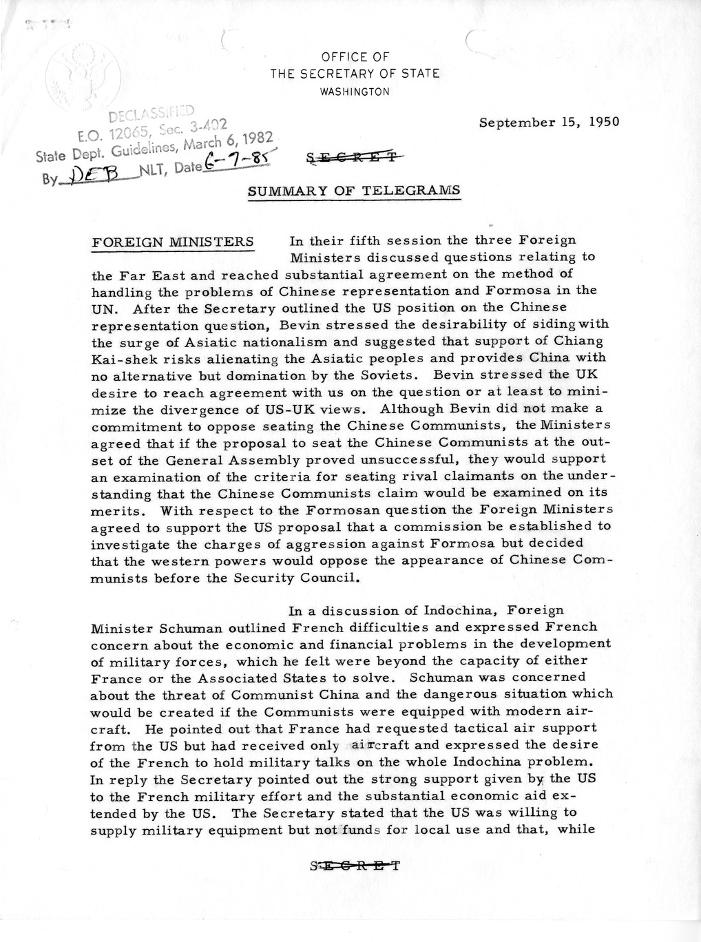 Memorandum, State Department Summary of Telegrams