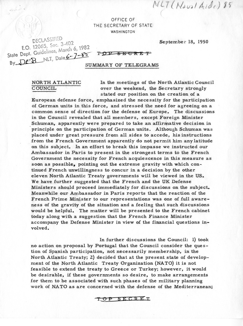Memorandum, Department of State Summary of Telegrams