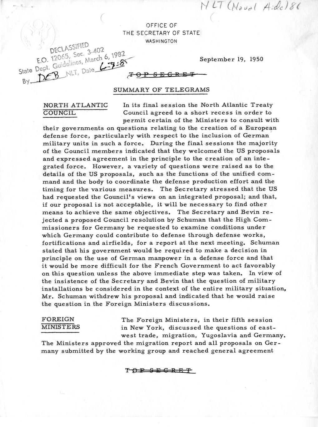Memorandum, Department of State Summary of Telegrams