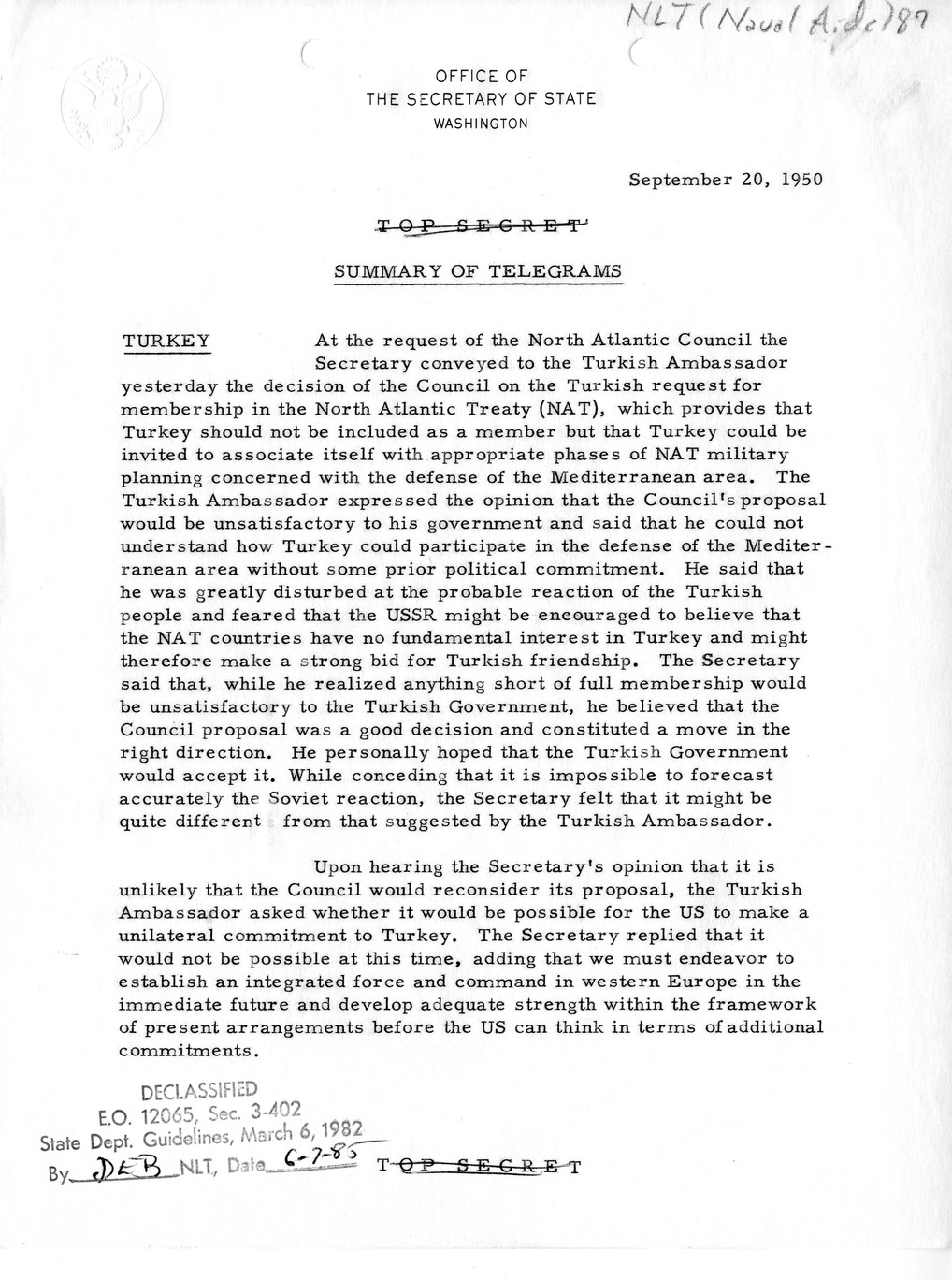Memorandum, Department of State Summary of Telegrams