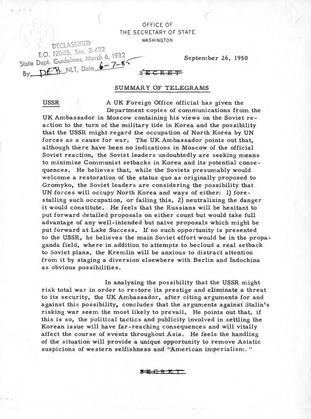 Memorandum, Department of State Summary of Telegrams