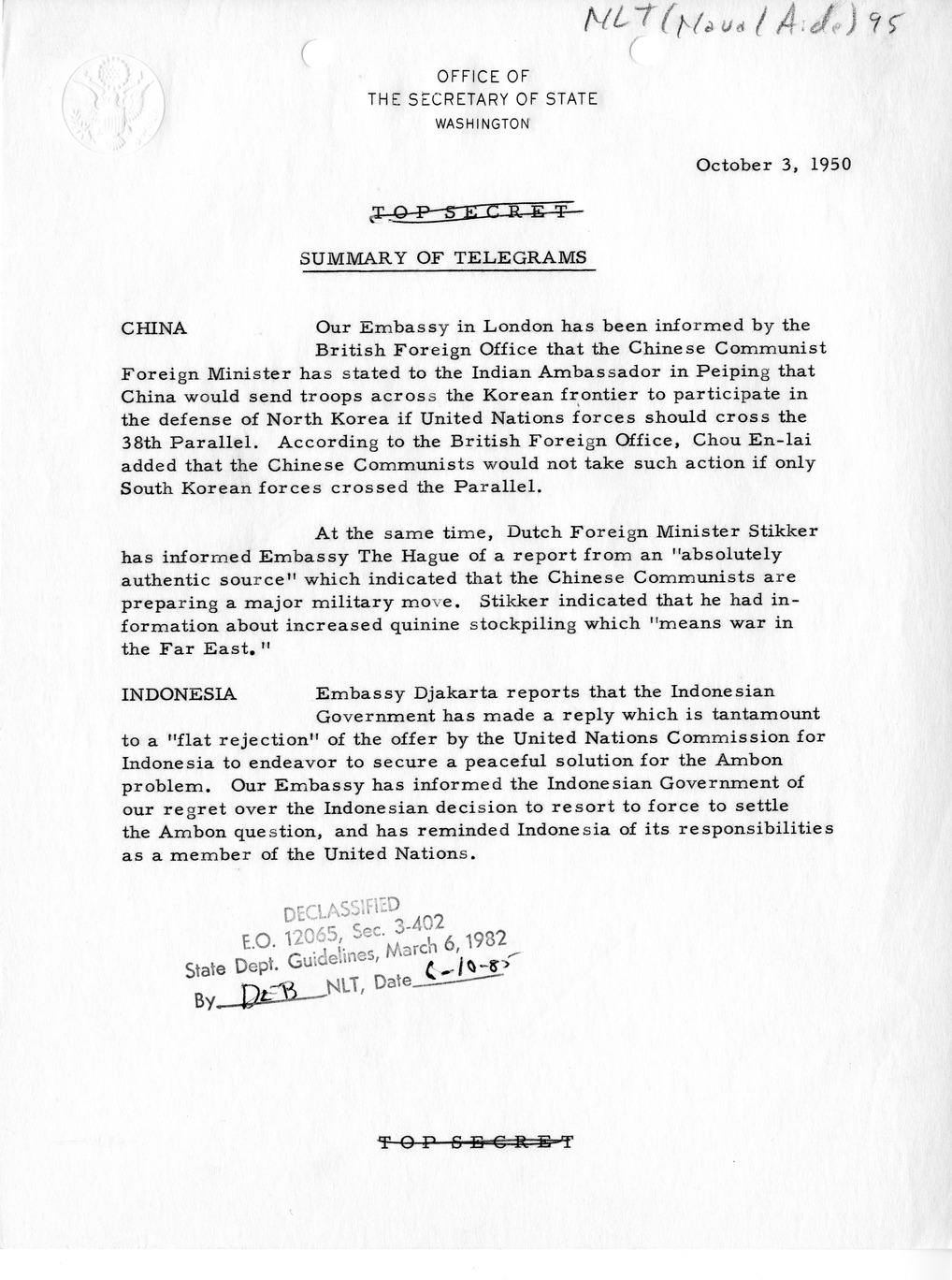 Memorandum, State Department Summary of Telegrams