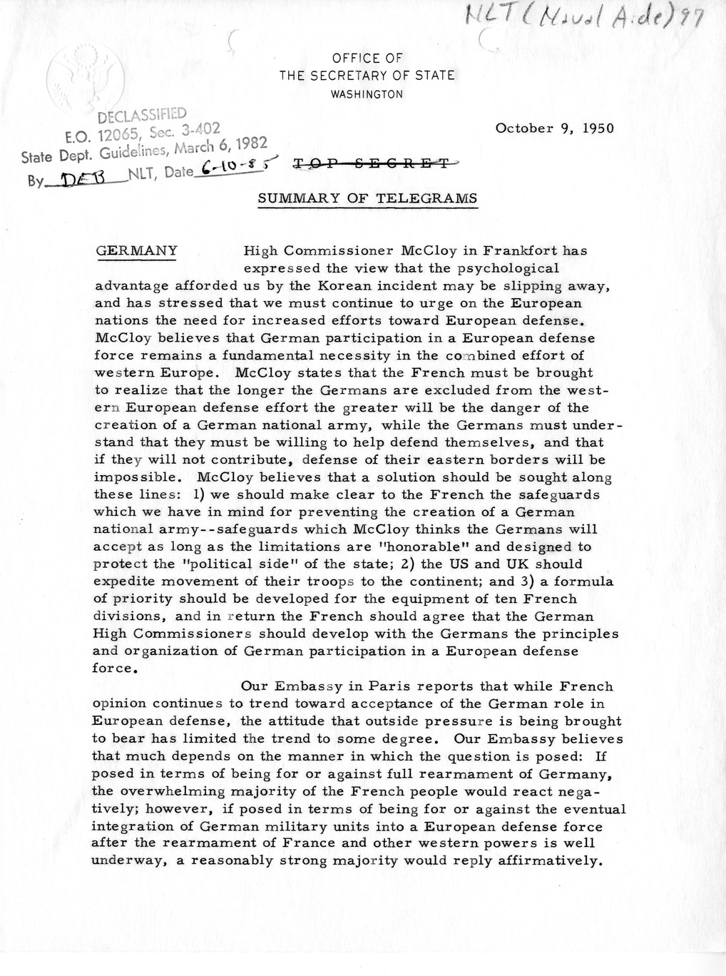 Memorandum, State Department Summary of Telegrams
