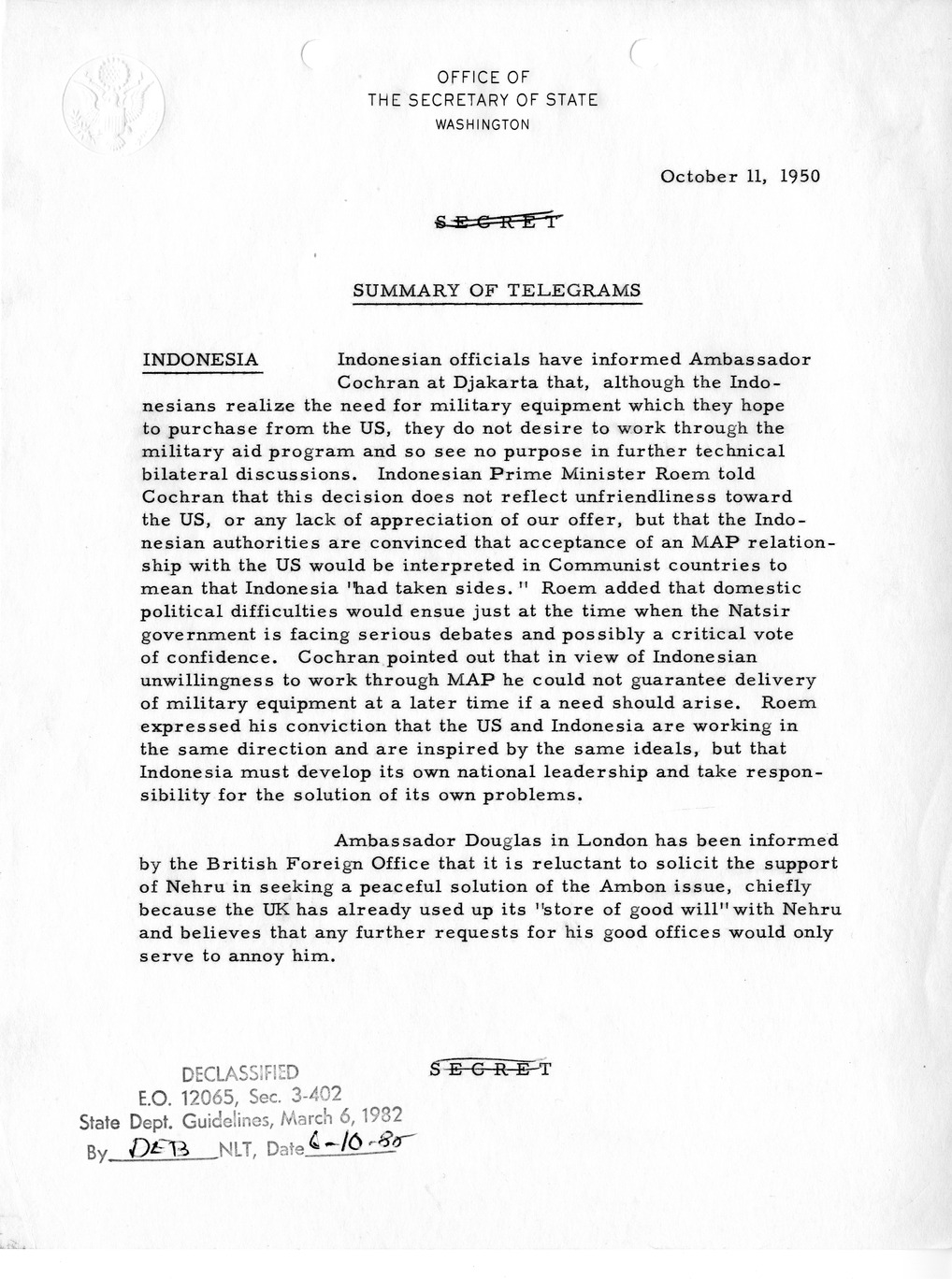 Memorandum, Department of State Summary of Telegrams
