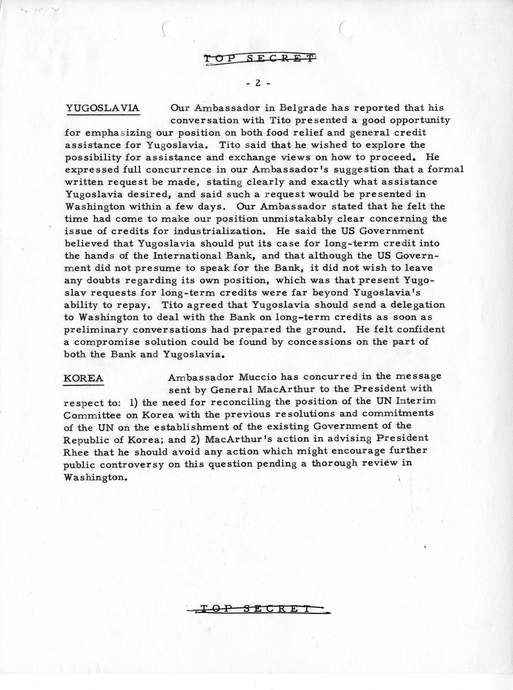 Memorandum, State Department Summary of Telegrams