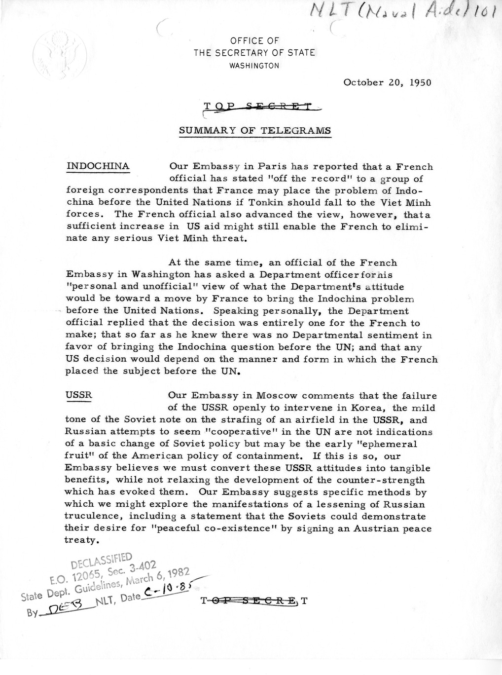 Memorandum, Department of State Summary of Telegrams