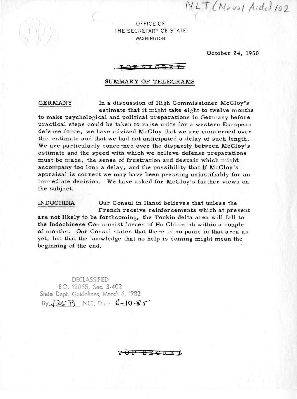 Memorandum, Department or State Summary of Telegrams