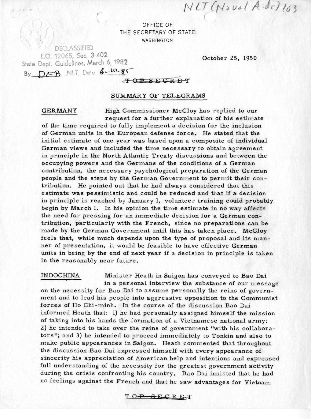 Memorandum, Department of State Summary of Telegrams