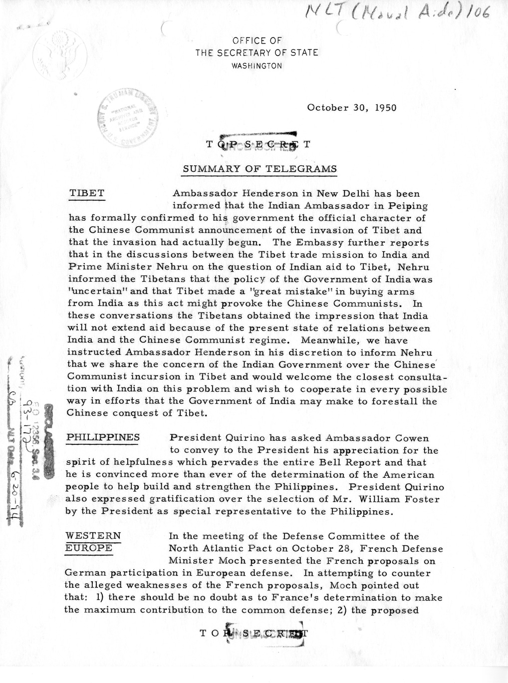 Memorandum, Department of State Summary of Telegrams