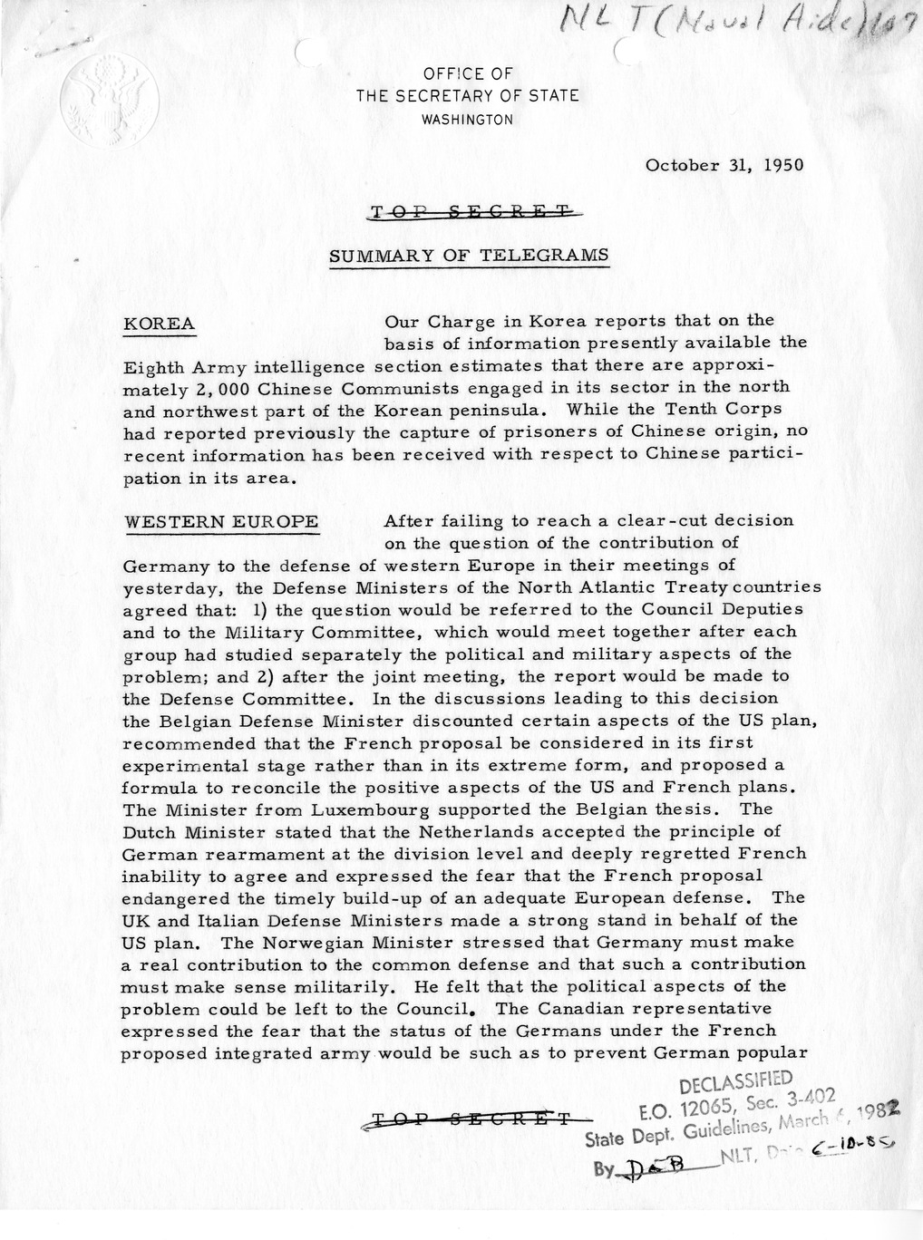 Memorandum, Department of State Summary of Telegrams