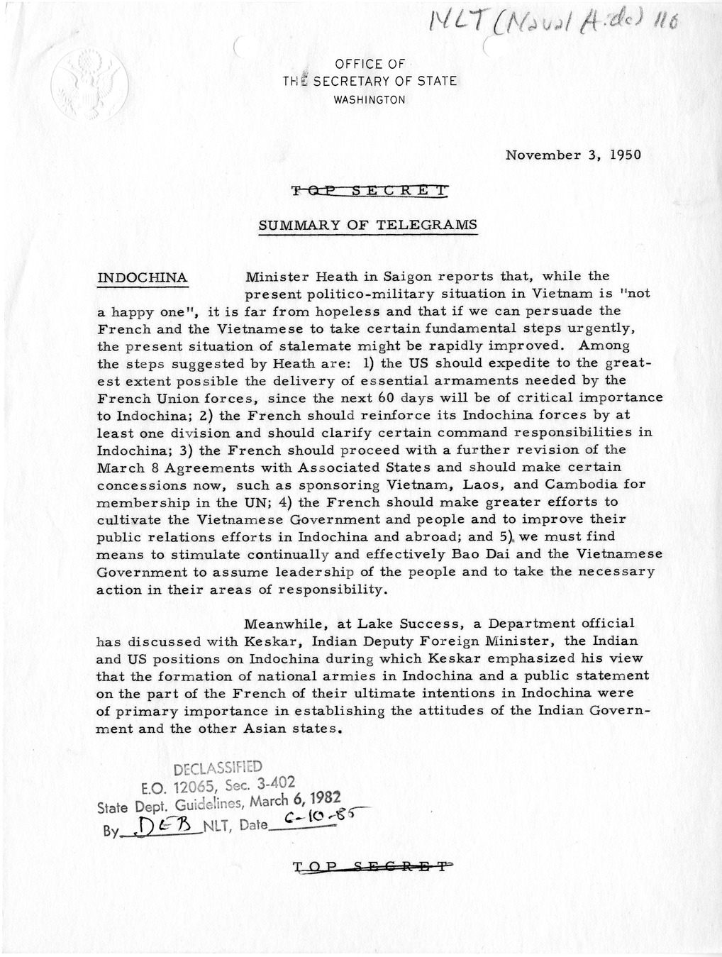 Memorandum, State Department Summary of Telegrams