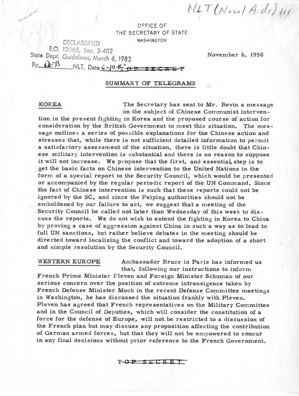 Memorandum, State Department Summary of Telegrams