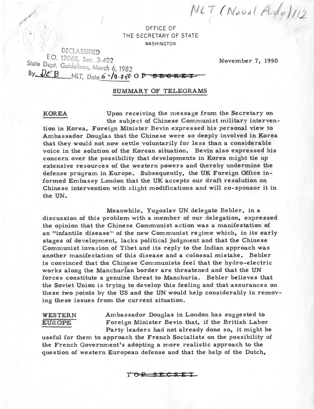 Memorandum, State Department Summary of Telegrams
