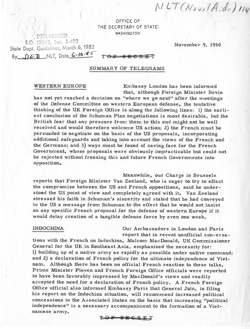 Memorandum, State Department Summary of Telegrams