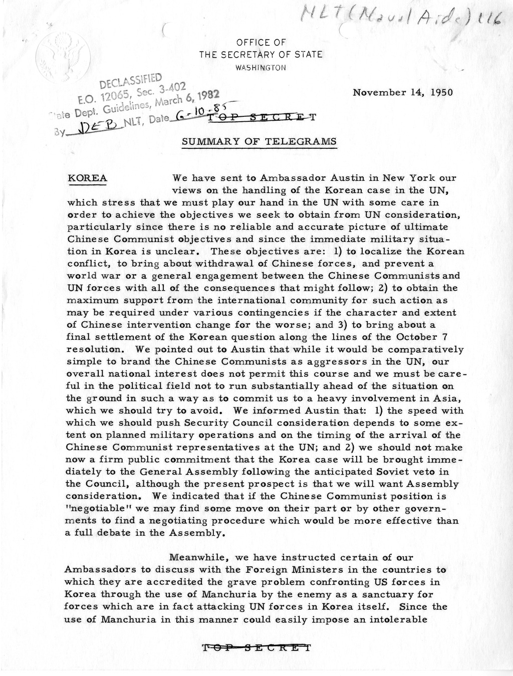 Memorandum, Department of State Summary of Telegrams