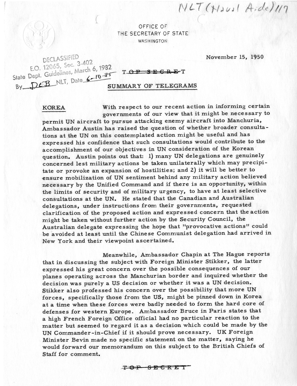 Memorandum, State Department Summary of Telegrams