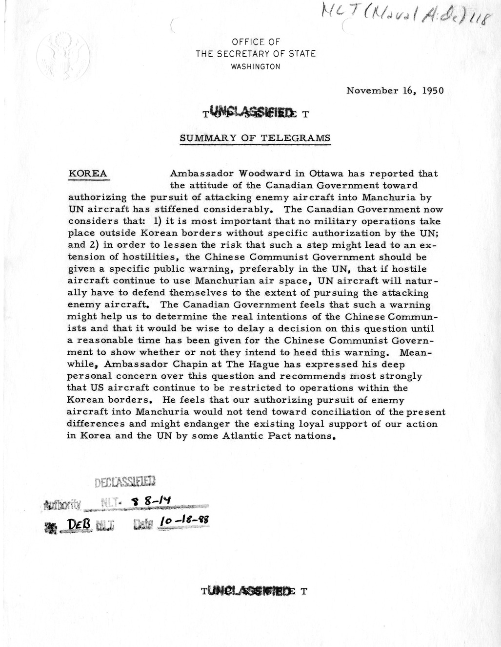 Memorandum, Department of State Summary of Telegrams