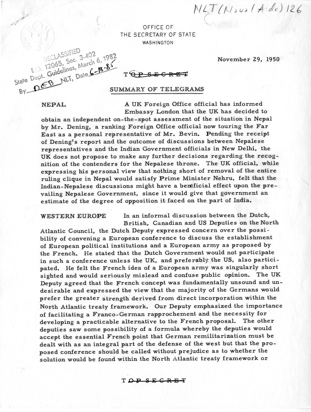 Memorandum, Department of State Summary of Telegrams