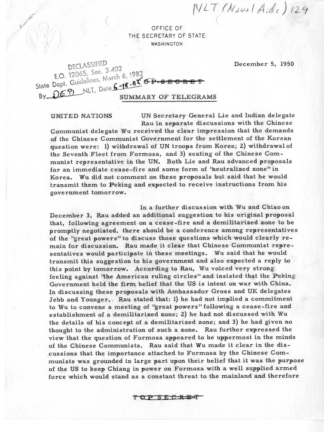 Memorandum, Department of State Summary of Telegrams