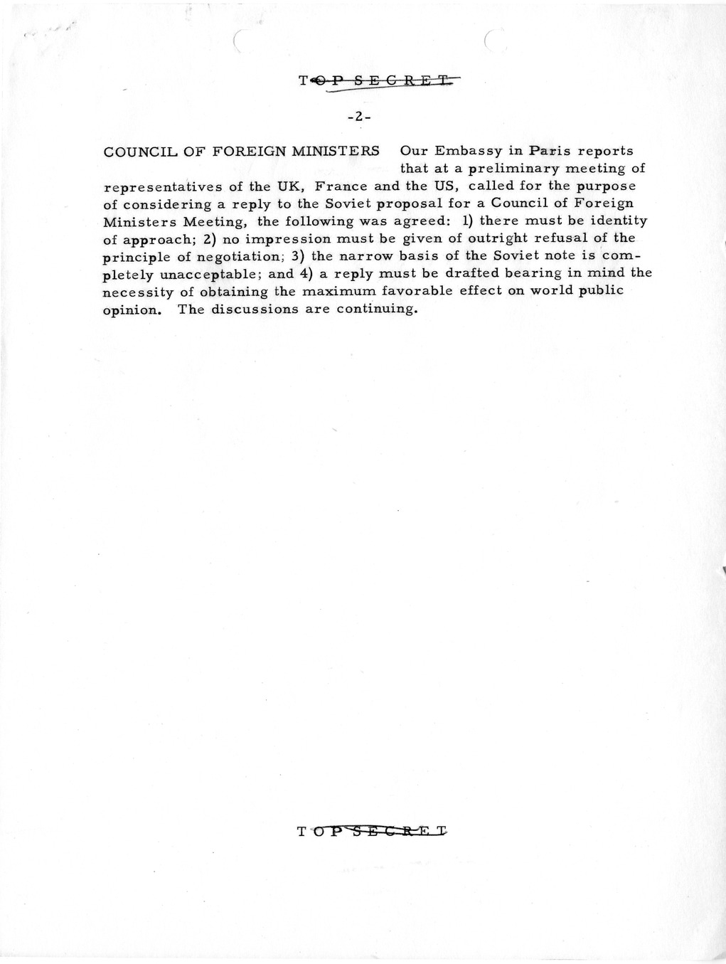 Memorandum, State Department Summary of Telegrams