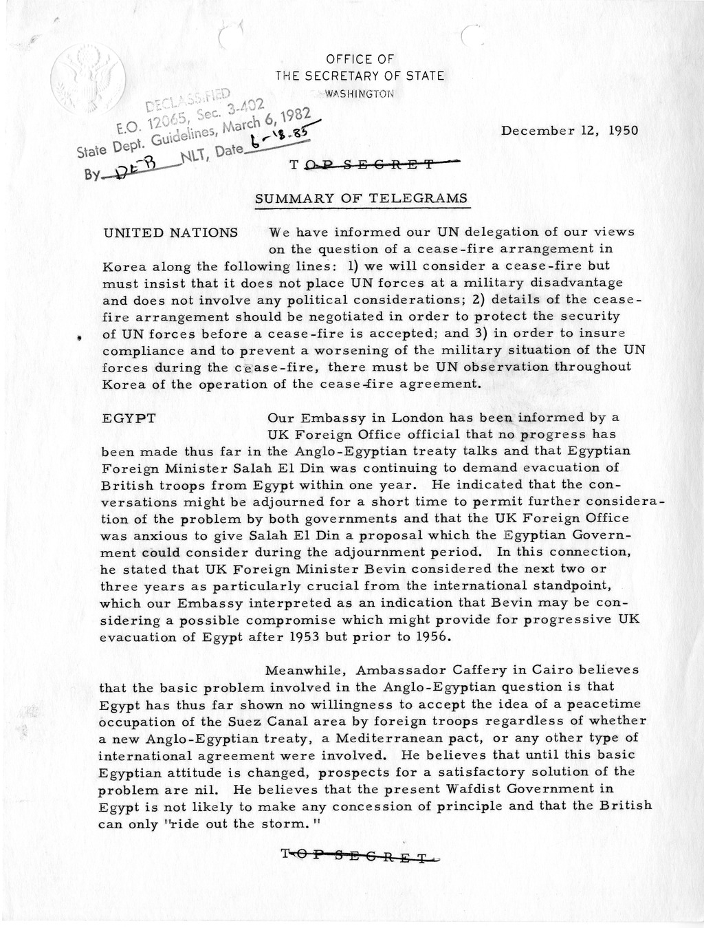 Memorandum, State Department Summary of Telegrams