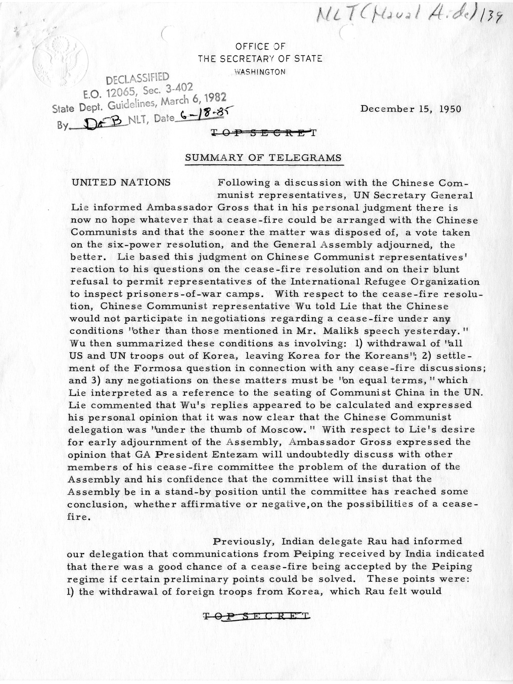 Memorandum, Department of State Summary of Telegrams