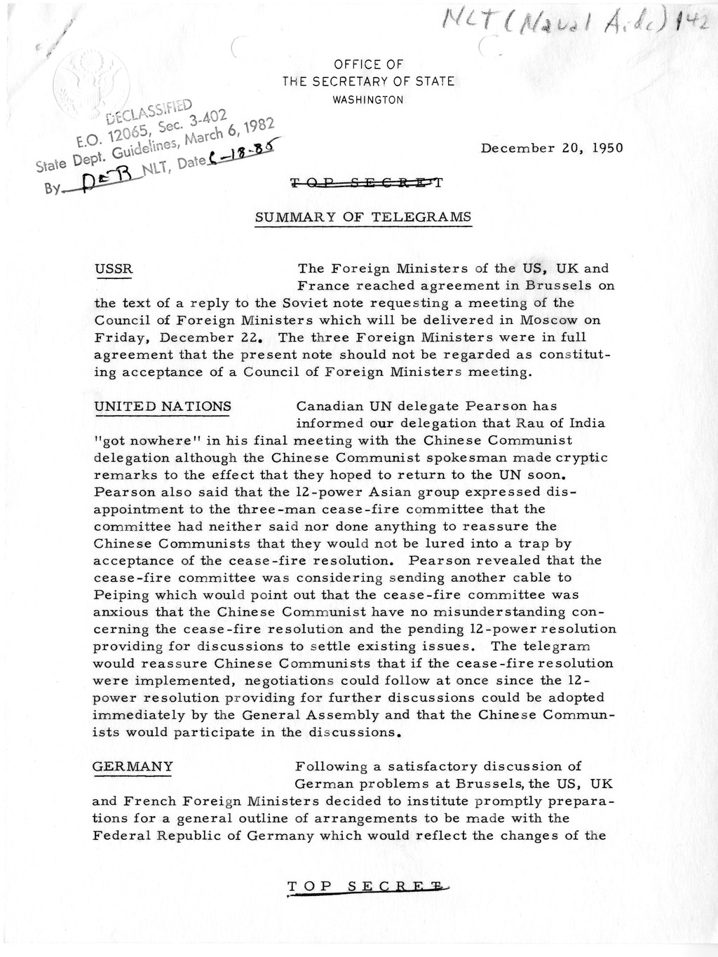 Memorandum, State Department Summary of Telegrams