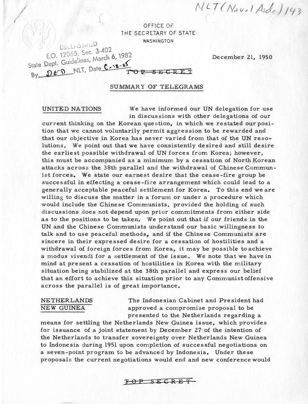 Memorandum, State Department Summary of Telegrams