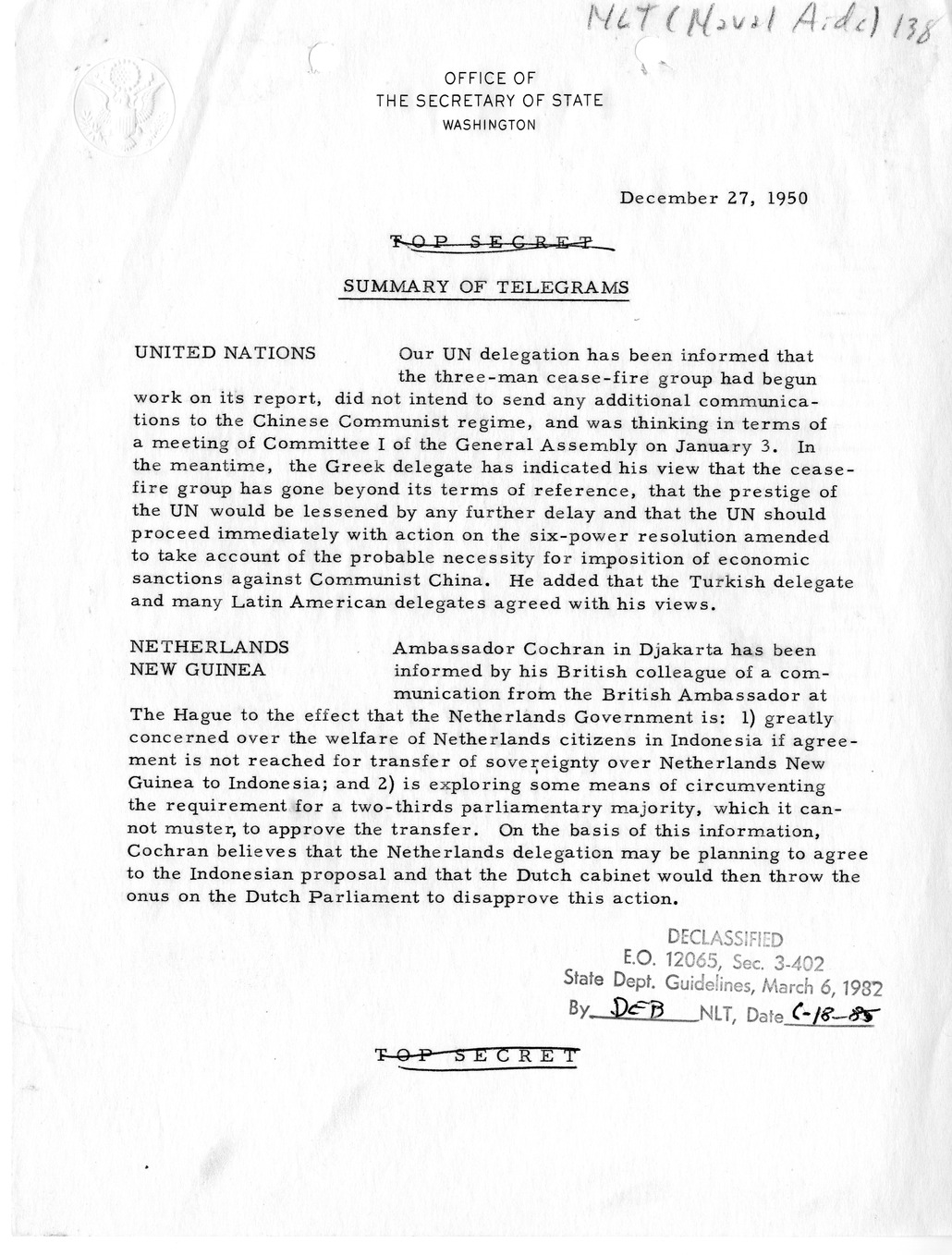 Memorandum, Department of State Summary of Telegrams