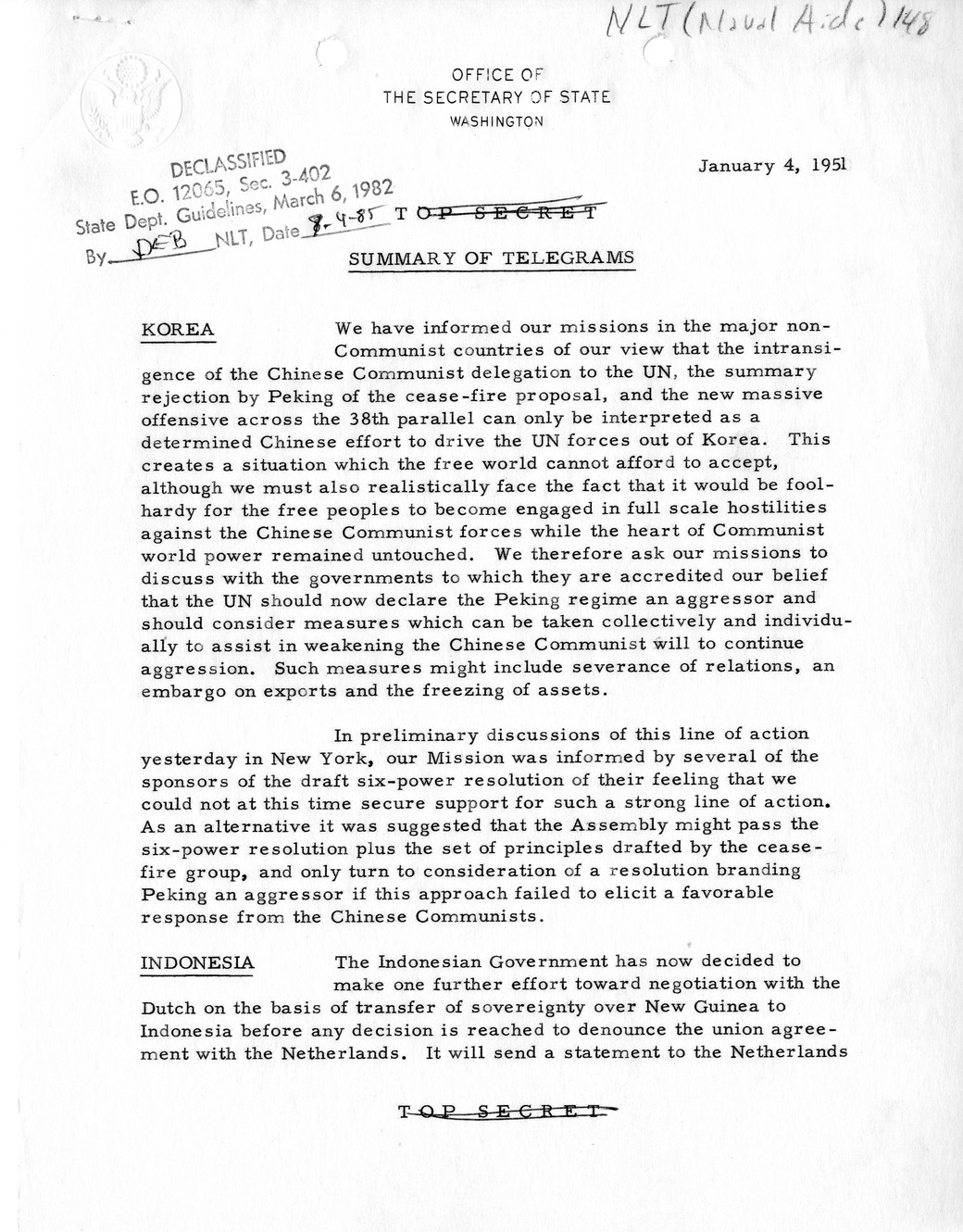 Memorandum, State Department Summary of Telegrams