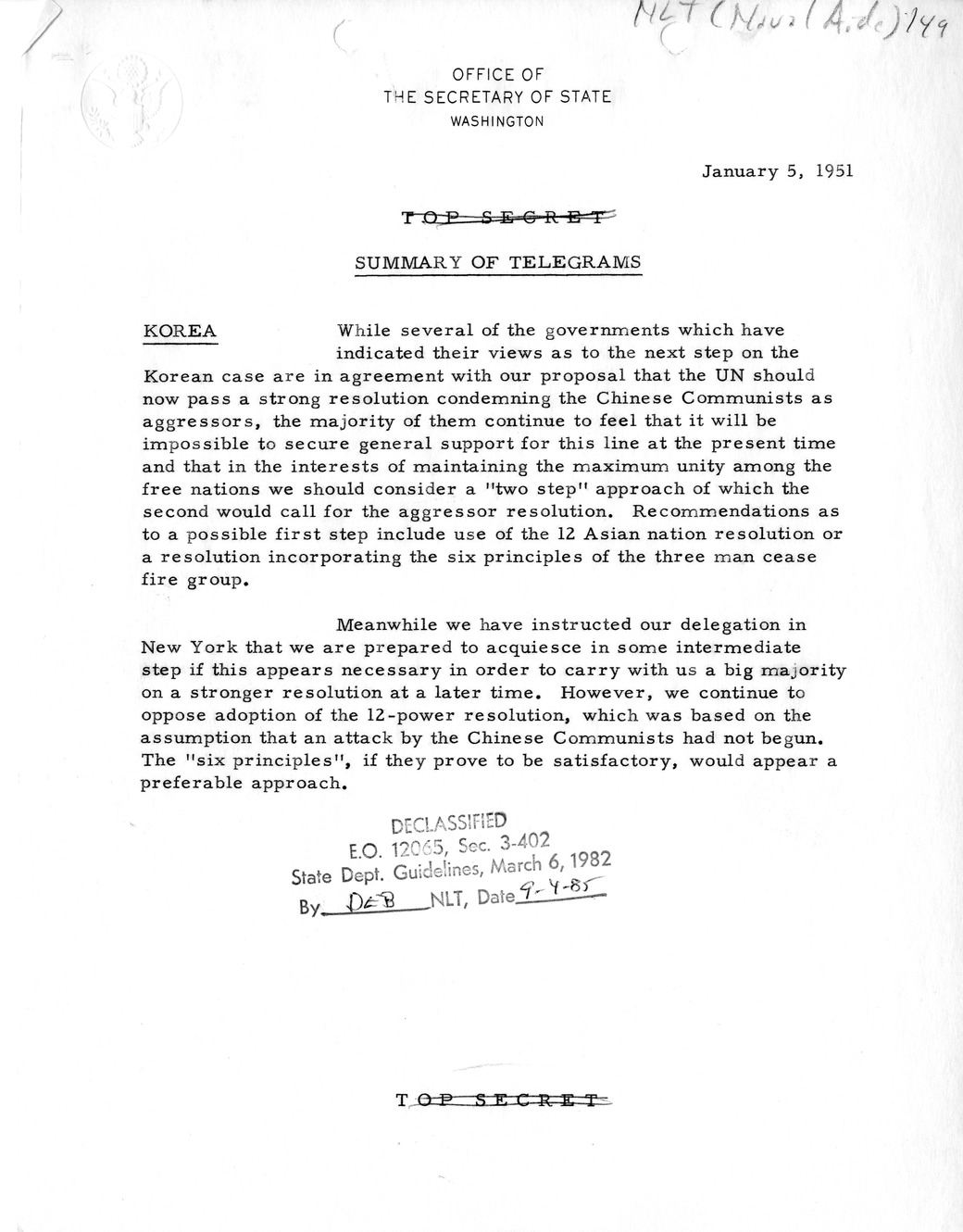 Memorandum, State Department Summary of Telegrams
