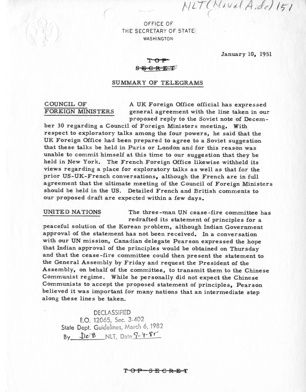 Memorandum, State Department Summary of Telegrams