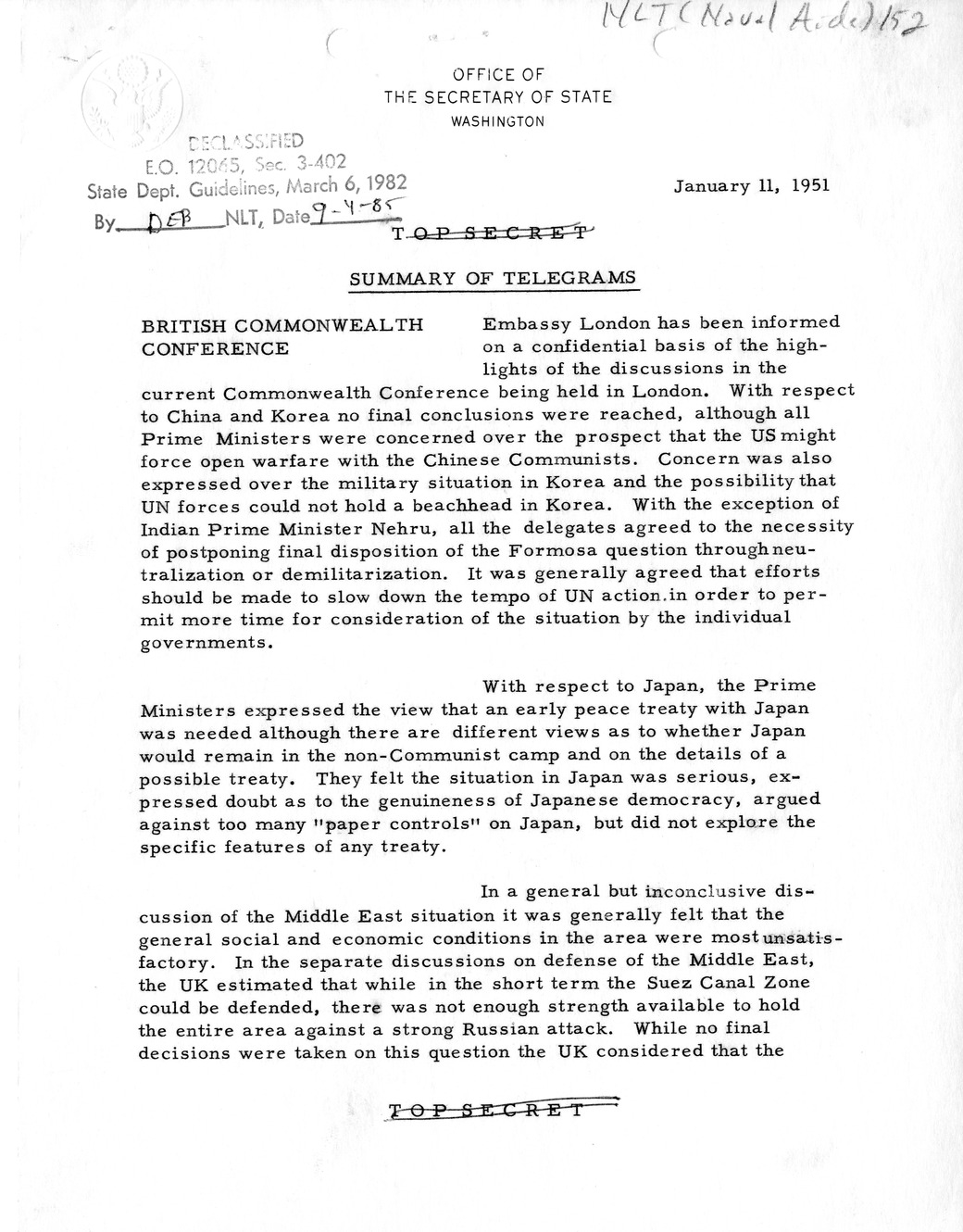 Memorandum, State Department Summary of Telegrams