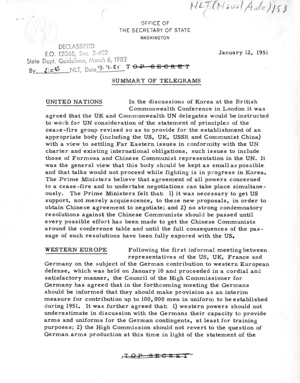 Memorandum, State Department Summary of Telegrams