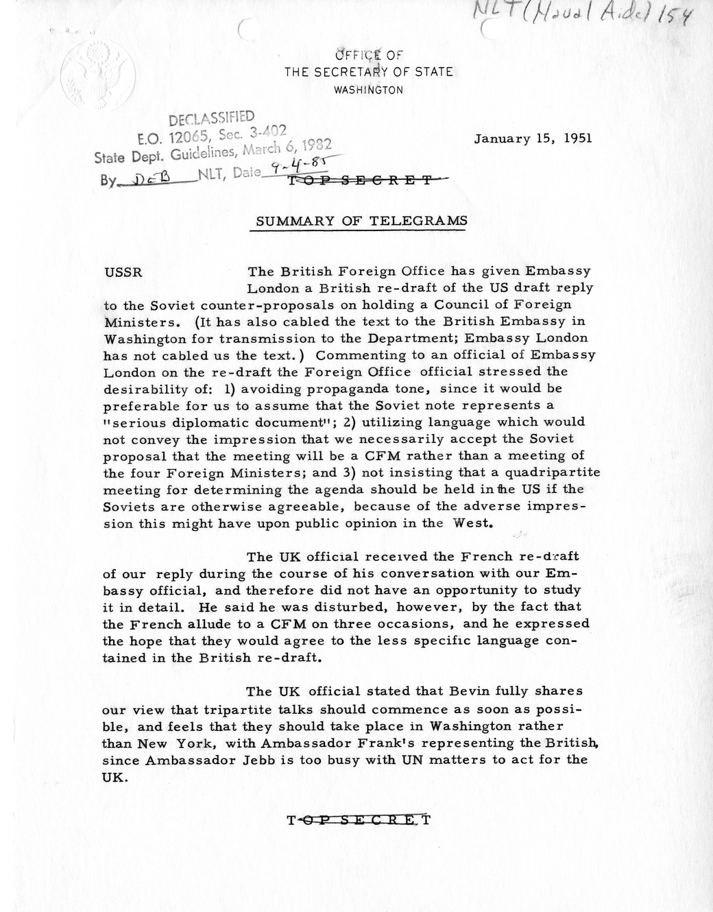 Memorandum, State Department Summary of Telegrams