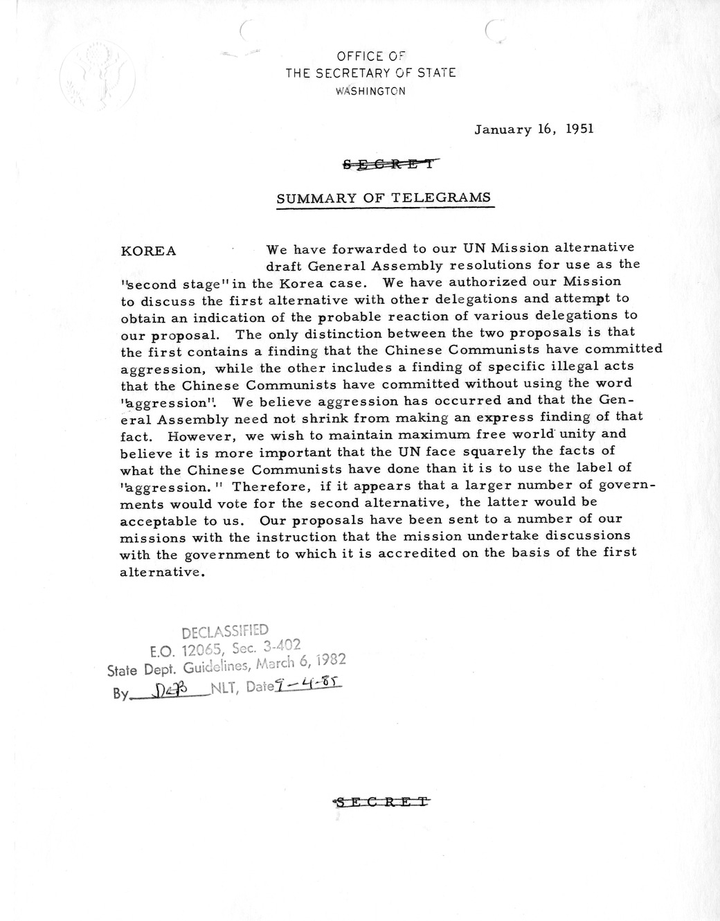 Memorandum, State Department Summary of Telegrams