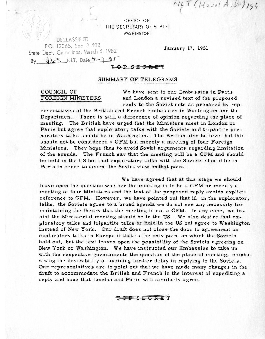 Memorandum, State Department Summary of Telegrams