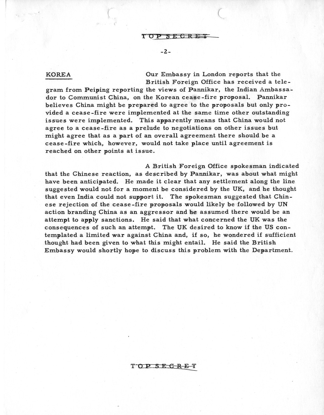 Memorandum, State Department Summary of Telegrams