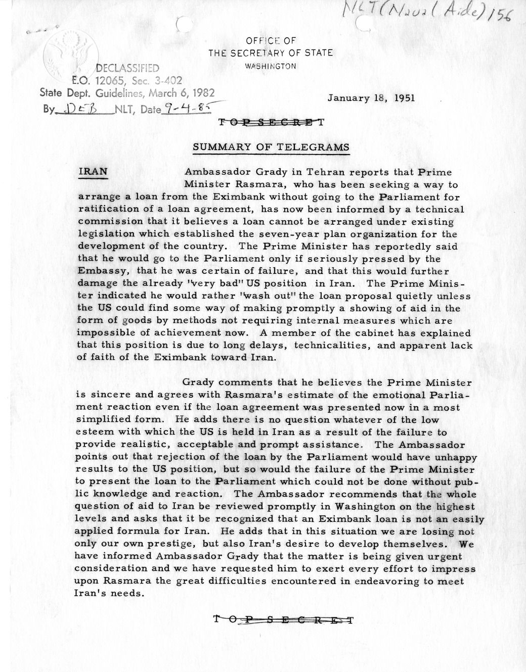 Memorandum, State Department Summary of Telegrams