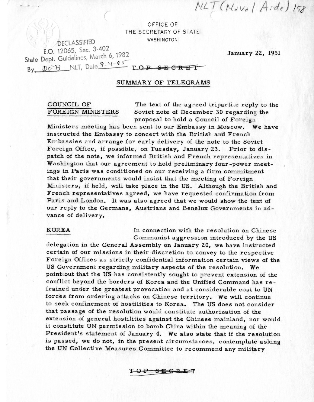 Memorandum, State Department Summary of Telegrams