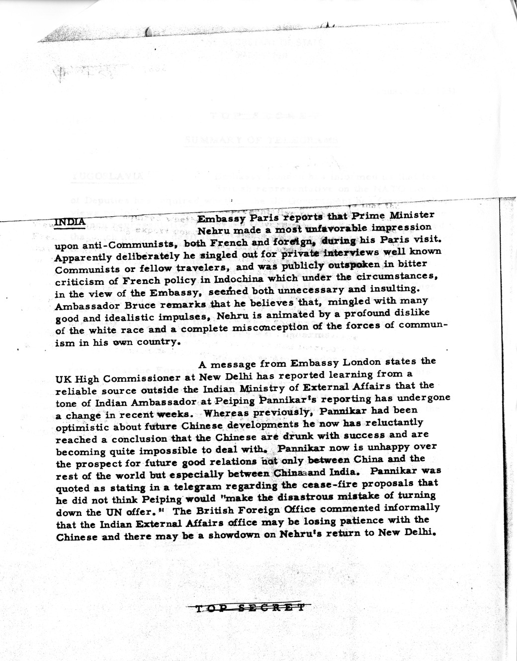 Memorandum, State Department Summary of Telegrams (Redacted)