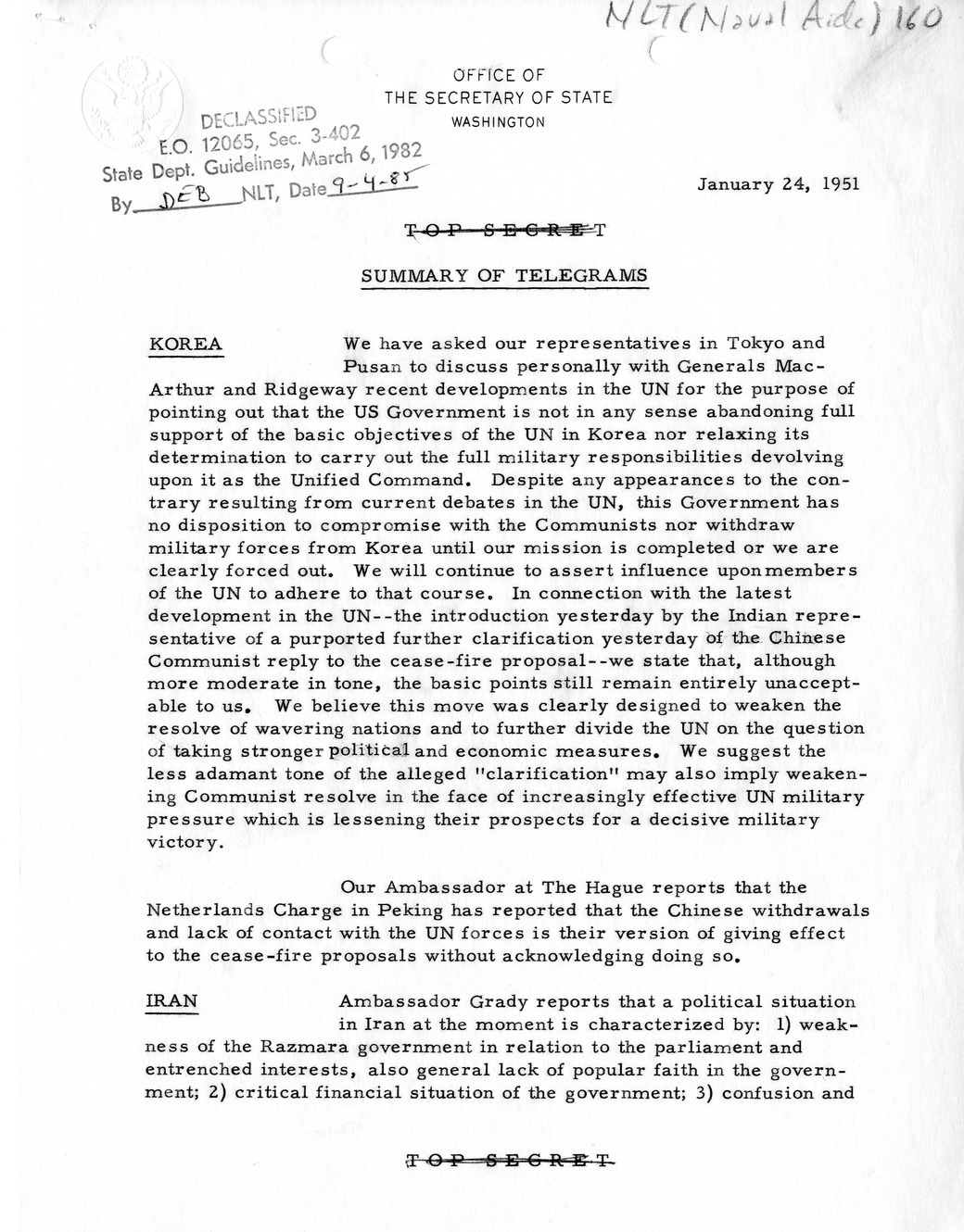 Memorandum, State Department Summary of Telegrams