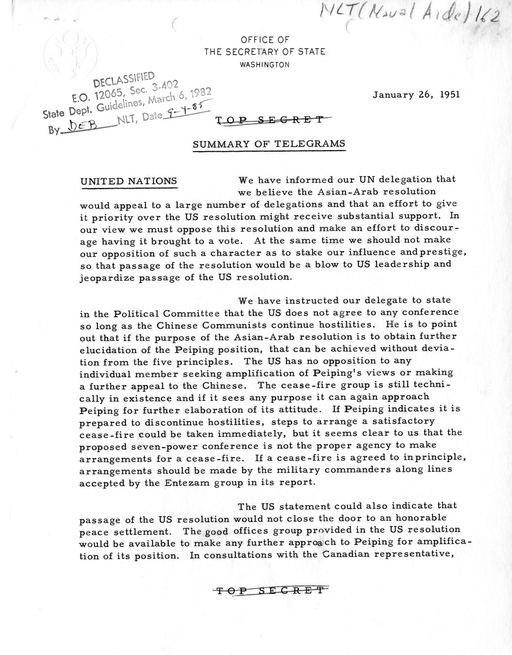 Memorandum, State Department Summary of Telegrams